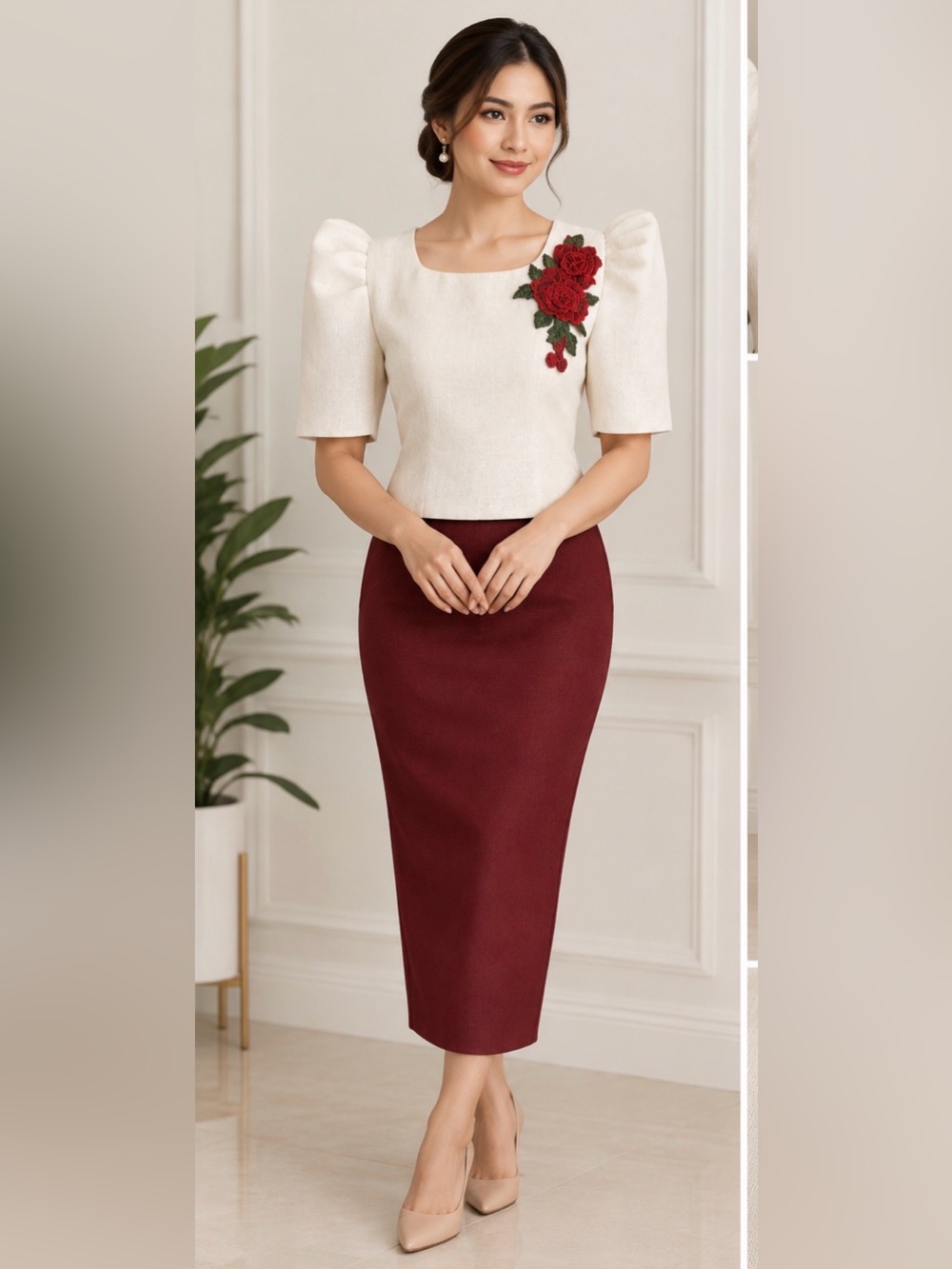 Elegant Wine Red Pencil Skirt - Women